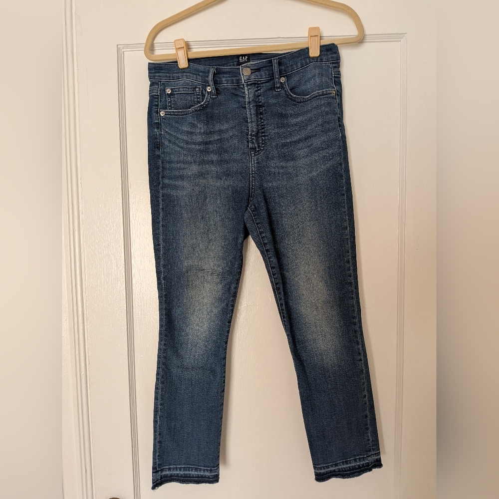 GAP True Skinny High Rise Cropped Jeans Frayed Let-Down Hem Dark Indigo Size 30